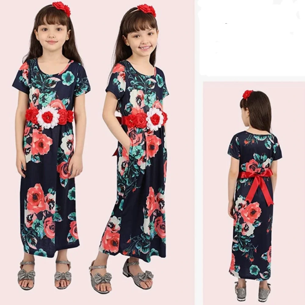 EUC Girls Floral Maxi Dress with matching sash belt & headband size M (5-6 yrs)